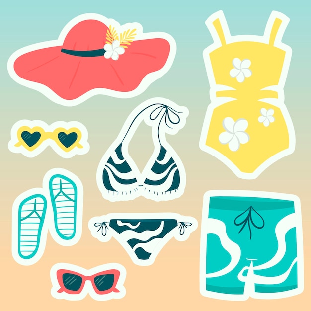 漫画のステッカーのセット。夏のビーチウェアと靴、ビキニのコレクション、水泳用トランクス、明るい色のサングラス。