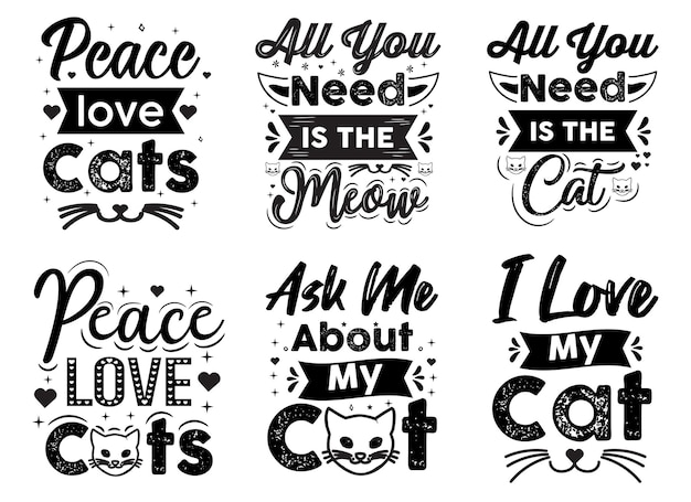 ベクトル カードマグカップtシャツなどの猫の手描きのタイポグラフィ引用レタリングイラストのセット