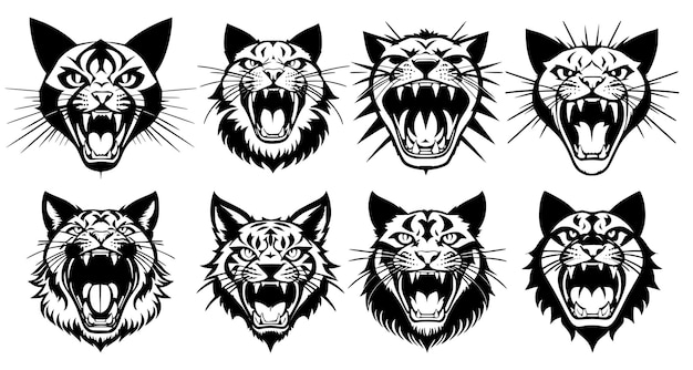 입을 벌리고 송곳니를 드러낸 고양이 머리 세트, 흰색 배경에 격리된 문신 엠블럼 또는 로고에 대한 총구 기호의 다양한 분노 표현
