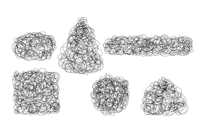 ベクトル カオス パターンのセット 混沌としたもつれたストライプ 複雑なテクスチャ 線と波 アートの作成 ダイナミックな走り書き 落書き 手描きのランダムな混沌とした線 非常識なもつれた落書きのクリュー