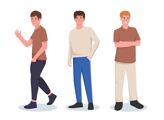 Набор характерных мужчин в повседневной одежде в различных движениях векторной иллюстрации