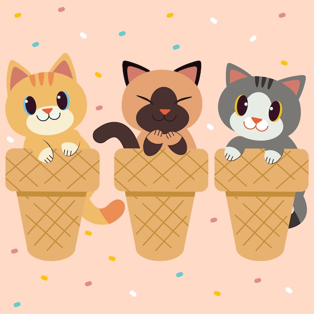 アイスキャンデーアイスクリームピンクに座っているかわいい猫のキャラクターのセット