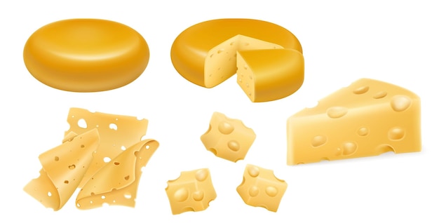 Набор сырных колес и ломтиков, изолированные на белом фоне. пищевой объект, реалистичный трехмерный вектор. голова сыра, кубики и кусочки твердого сыра, изолированные на белом фоне.