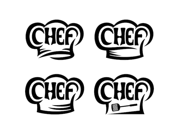 シェフの帽子のロゴのベクトルとシェフのレタリングのセットシェフのタイポグラフィスケッチスタイルのロゴデザインテンプレート