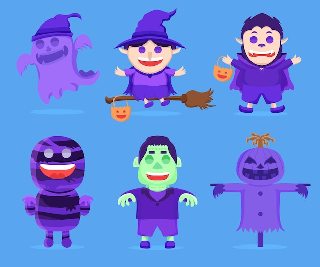 Набор детских персонажей хэллоуина, вектор плоского дизайна