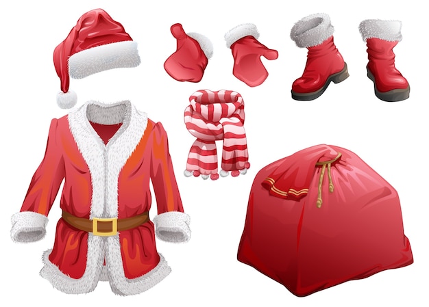 크리스마스 액세서리 산타 클로스의 집합입니다. 모피 코트, 모자, 부츠, 장갑, 스트라이프 스카프 및 선물 가방. 흰색 절연