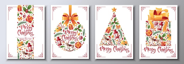 お祝いの装飾が施されたクリスマスと新年のカードのセット クリスマス ボール ツリー ギフト招待状カード ポスター バナーに最適