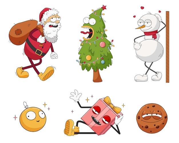 Вектор Набор рождественских и новогодних персонажей санта-елка подарок снеговик рождественский шар и печенье забавный персонаж ретро-мультфильма в стиле старой школы