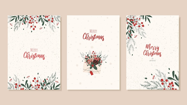 Вектор Набор рождественских открыток с украшениями ветвей елок с красными ягодами вектор