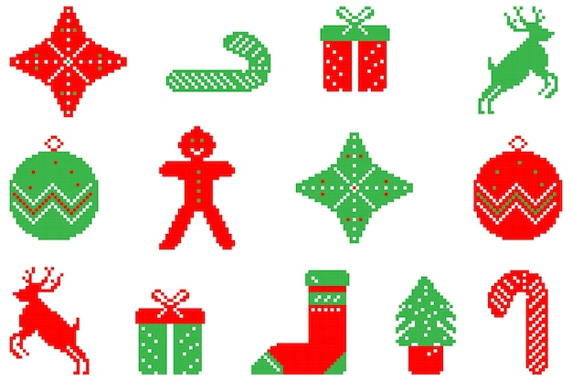 クリスマス デザイン要素のセット ピクセル アート スタイル アイコン フラット ベクトル イラスト