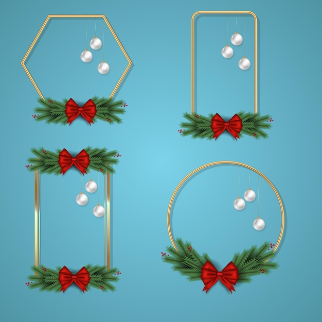 ベクトル 松の枝の白いクリスマスボール赤いリボンとバリのクリスマスフレームのセット