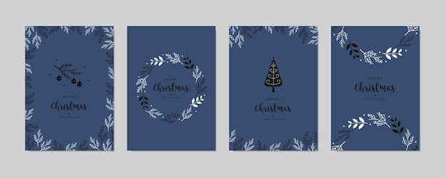 Вектор Набор рождественских поздравительных открыток с новым годом, буквы, каллиграфия, декоративные элементы орнамента