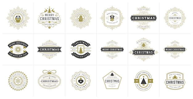 クリスマスのロゴ、エンブレム、バッジのセット。ヴィンテージの装飾品の装飾。