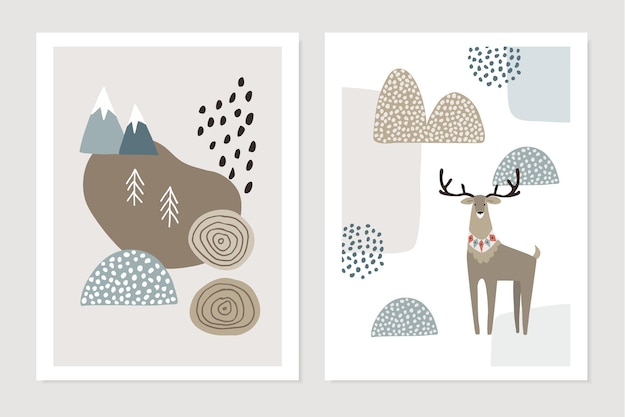 Набор рождественских скандинавских поздравительных открыток, приглашений абстрактный зимний текстурированный пейзаж с оленями, елями, горами и снегом, скандинавский ретро-дизайн, векторная иллюстрация фона