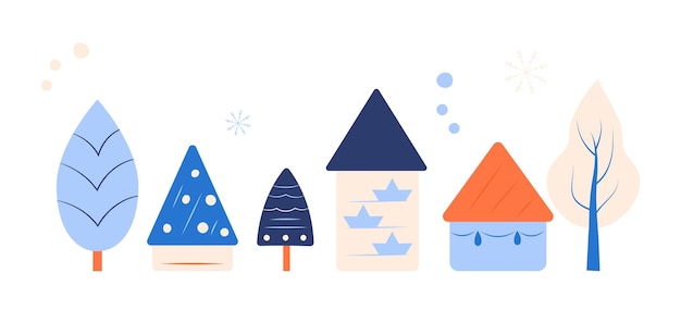 Вектор Набор рождественских деревьев и домов зимние элементы для дизайна векторная иллюстрация