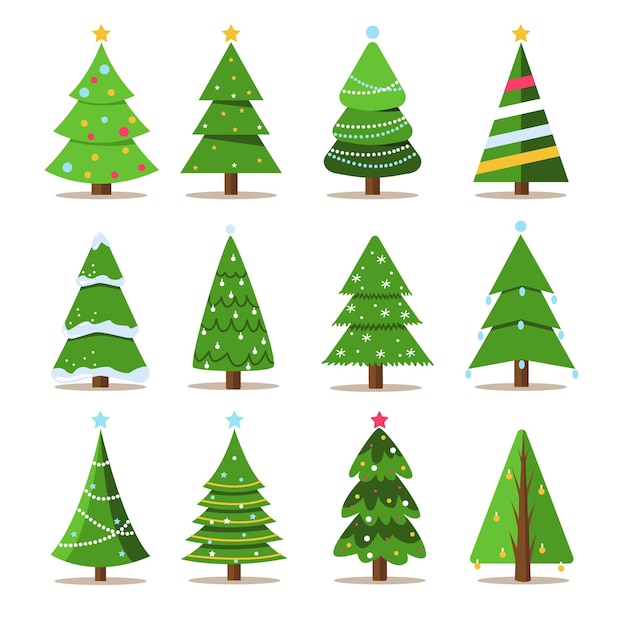 Набор рождественских елок, новогодних и рождественских традиционных символов дерева с гирляндами лампочек