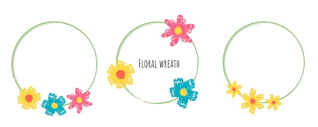 花の花輪とサークルブラシストローク手描きフレームのセットベクトル図