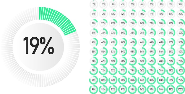Вектор Набор круговых процентных диаграмм от 0 до 100, готовых к использованию для веб-дизайна, пользовательского интерфейса