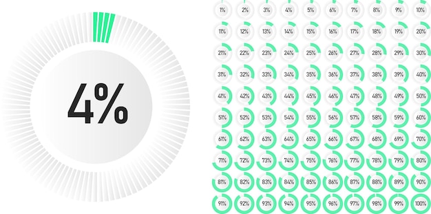 Вектор Набор круговых процентных диаграмм от 0 до 100, готовых к использованию для веб-дизайна, пользовательского интерфейса