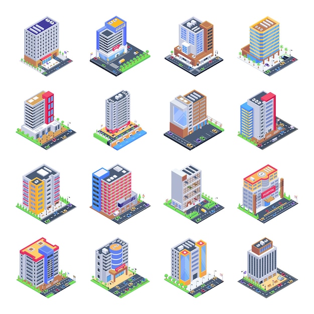 Набор изометрических иллюстраций городских зданий