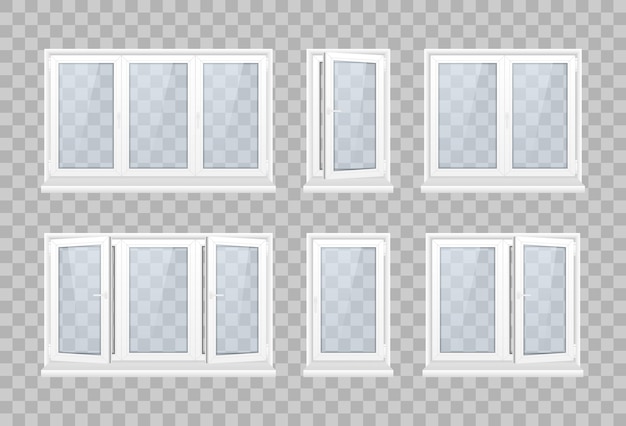 Комплект закрытого окна с прозрачным стеклом в белой рамке. набор реалистичных окон пвх и металлических жалюзи на прозрачном фоне. пластиковые изделия. штора-роллер. иллюстрация.
