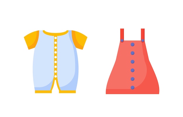 ベクトル 赤ちゃんのコンセプトのための服のセット白いロンパースと赤いドレス暑い気候と夏の季節のための快適な服白い背景に分離された漫画フラット ベクトル コレクション