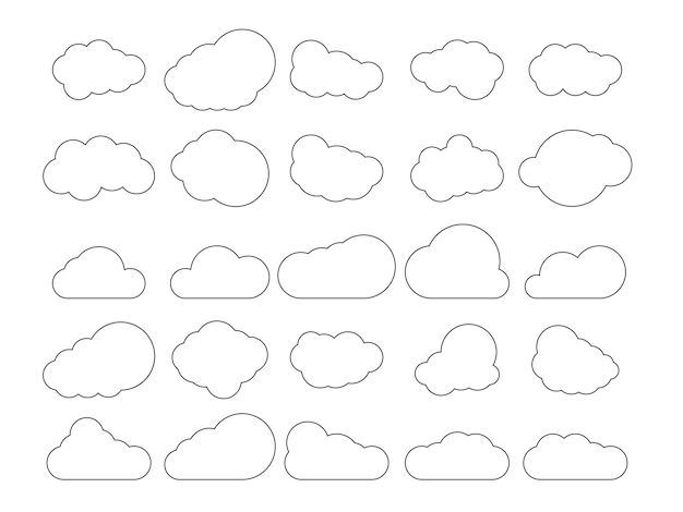 ベクトル 雲のセット。白い背景に分離された雲の輪郭を描きます。ベクトルイラスト。