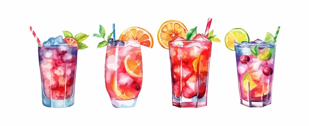 ベクトル 白い背景ベクトルイラストに分離されたカクテルフルーツジュースを飲む水彩画のセット