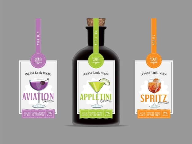 칵테일 레이블 집합 Appletini Aviation Spritz 알코올 병 포장 템플릿 절연