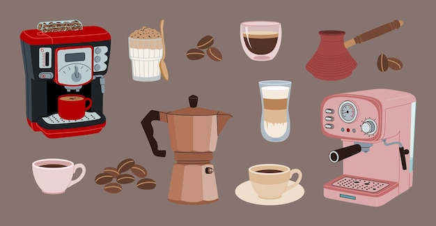ベクトル コーヒー マシン コーヒー グラインダー cezve と別のコーヒー ドリンクのセット手描きの背景