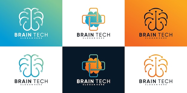 Набор иллюстраций дизайна логотипа подключения мозговых технологий с простой концепцией premium векторы