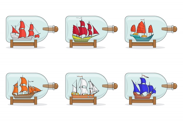 Набор цветных кораблей с парусами в очках. сувениры с парусником, изолированные на белом фоне. дорожное украшение. плоская линия арт. векторная иллюстрация для поездки, туризма, туристического агентства, отелей.