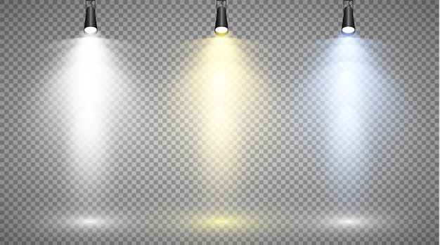 Набор цветных прожекторов на прозрачном фоне яркое освещение с прожекторами прожектор бело-синий