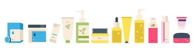 유기농 화장품 벡터 플랫 삽화가 있는 다채로운 병, 항아리, 튜브 세트. 화장품 에프