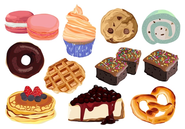 Набор красочной мультяшной пекарни и десерта. векторная иллюстрация.