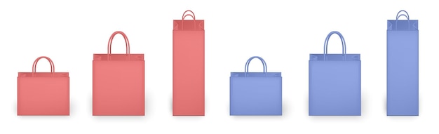Набор красочных пустых сумок, изолированных в белом красные и синие бумажные пакеты подарок на день рождения