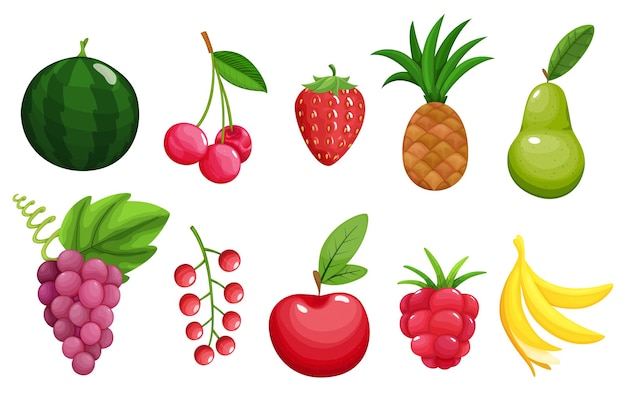 Вектор Набор красочных фруктов иконки яблоко, груша, клубника, малина, банан, арбуз, ананас, виноград, вишня, красная смородина.