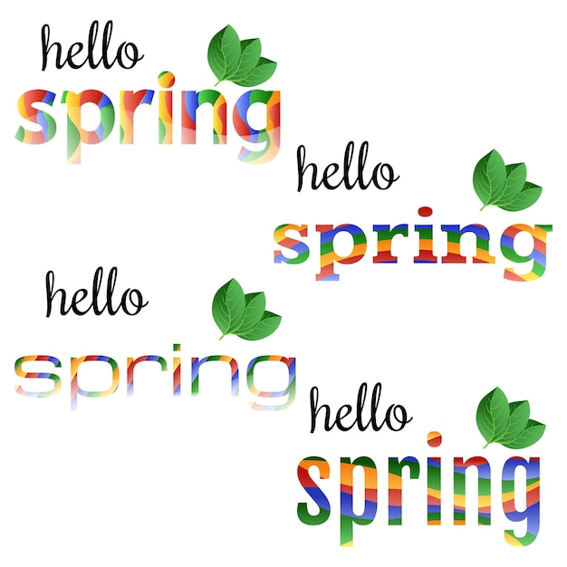 Набор красочных фраз hello spring с зелеными листьямиxa