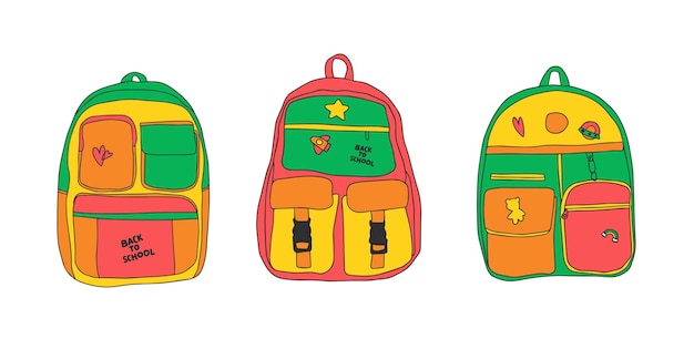 Набор красочных школьных рюкзаков ручной рисунок векторной школьной сумки на белом фоне