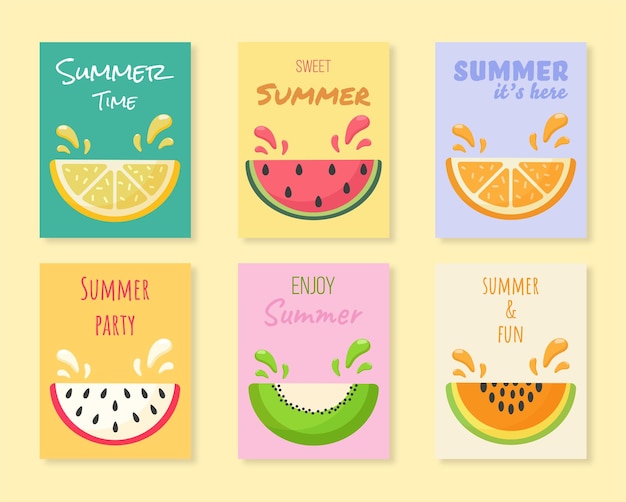 벡터 과일과 함께 다채로운 여름 카드 포스터 세트