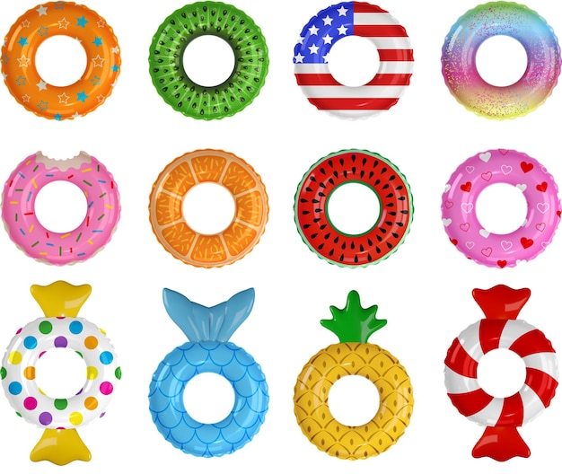 Вектор Набор красочных плавательных колец коллекция смешных плавучих колец летние плавучие кольца