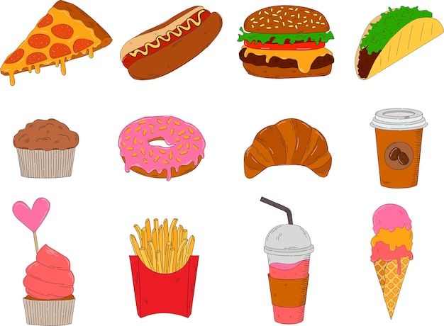 벡터 다채로운 테이크아웃 음식 세트입니다. 손으로 그린 벡터 일러스트레이션 - 패스트푸드(핫도그, 햄버거, 피자, 도넛, 타코, 아이스크림, 크루아상, 커피, 컵케이크). 스케치 스타일의 디자인 요소.
