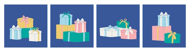 Набор композиций из различных подарочных коробок с бантами векторная плоская изолированная иллюстрация для дизайна