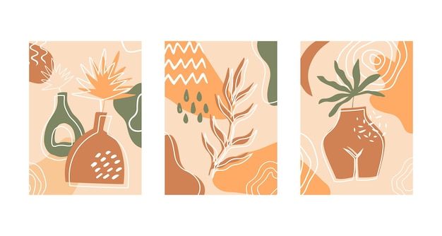 Вектор Набор композиций с экзотическими листьями и абстрактными вазами