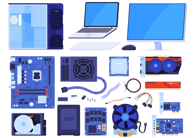 벡터 컴퓨터 부품의 집합입니다. 케이스, 모니터, 랩탑, 마더 보드, 프로세서, 비디오 카드, ram, 키보드, 마우스, 하드 드라이브, ssd, 전선. 격리 된 그림