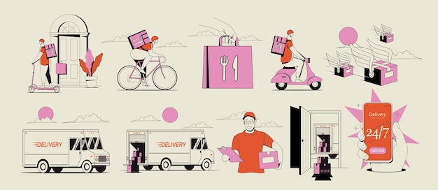 ベージュ色の背景ベクトル図に分離されたレトロなスタイルで配達トラックと宅配便の男と配達ボックスとバッグの概念的な配信サービス ビジネス イラストのセット