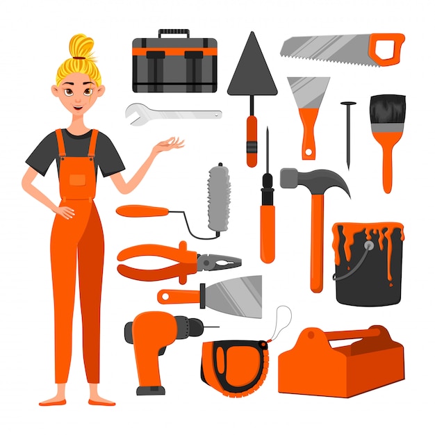 Набор строительных инструментов и женский персонаж. мультяшный стиль