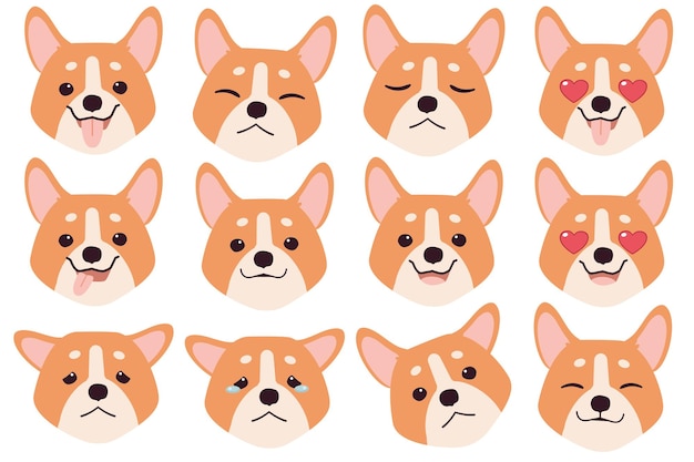 벡터 corgi 개 감정 세트 웃긴 미소와 화난 슬픈 개 얼굴 개 만화 이모티콘