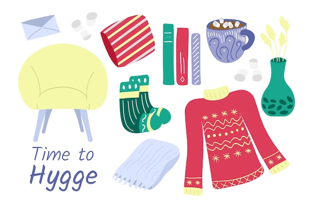 벡터 아늑한 hygge 스타일 세트. 안락의자 관엽식물 베개 책 코코아 한 잔, 양말, 스웨터