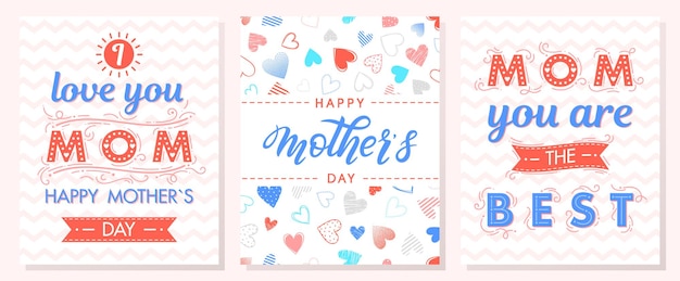 Набор креативных открыток ко дню матери с зигзагообразным фоном, лентами и сердечками.